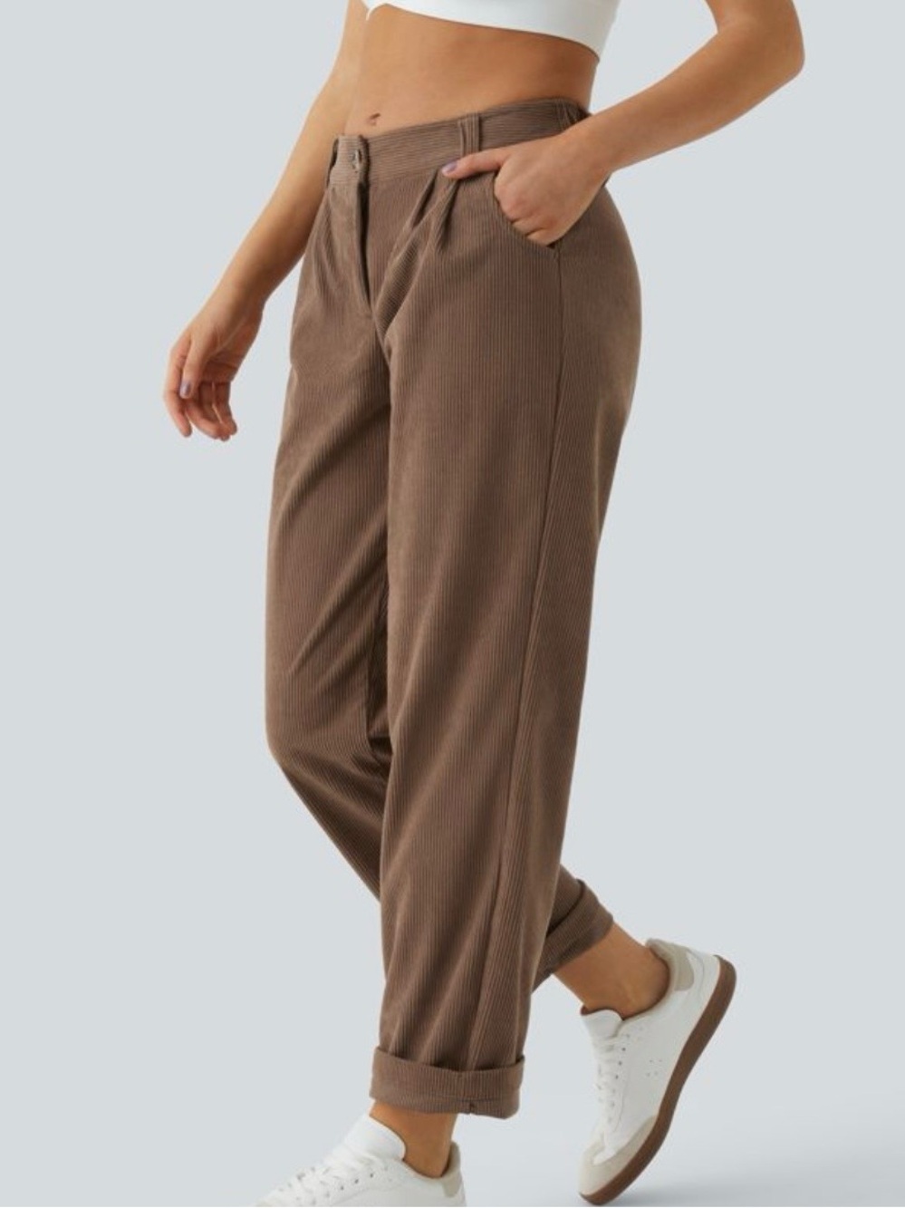 Halara Corduroy Pants Women Small S Brown High Waist Pleated Straight Leg Casual